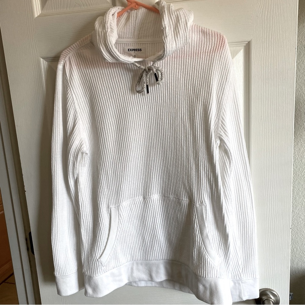 Waffle lightweight pullover white mens with pull string hood and pocket size M